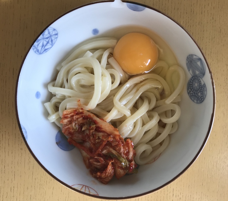 Udon with Kimchi and egg on top