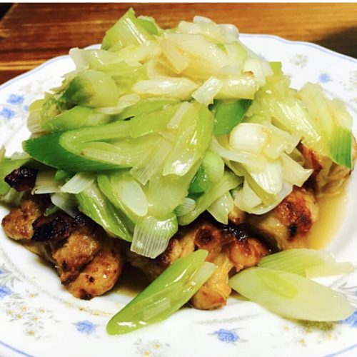 Sauteed chicken and green onions on top.