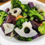 purple sweet potato salad with broccoli and lotus root